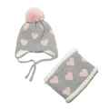 Ensemble bonnet et écharpe tricotés pour enfants avec motif cœur rose et pompon chaud - Gris
