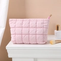 Portable pink quilted makeup bag with large capacity and soft nylon texture - Clutch Bag / Pink