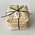 Handmade bamboo gift box with dark green velvet rope, pearl pendant and white ribbon - Square Box Green Cord Style
