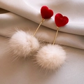 Detail of red velvet heart and cream plush ball drop earrings with gold metallic stems - 12# Long Fabric Heart Plush Ball Studs