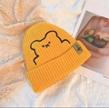 Winter rib-knit beanie in bright yellow featuring bear embroidery and smile patch - One Size / Yellow