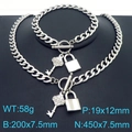 Silver titanium steel jewelry set featuring a key and lock pendant on a curb chain - Necklace & Bracelet Set / Steel Color (KS221764-Z)