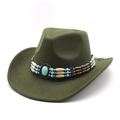 Détail d'un chapeau de cow-boy en feutre vert foncé avec ruban ethnique en turquoise - M (56-58cm) / Vert Militaire