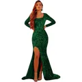 Sparkly dark green velvet sequin evening gown with long sleeves and high slit fishtail hem - US size 2 (S) / Top And Bottom / Dark Green