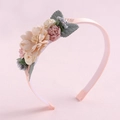Detailed view of handmade pink floral headband with delicate fabric flowers and green leaves - Style G-Pink Beige Berry