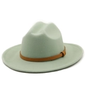 Close-up of sage green wool felt fedora with a textured brown leather decorative band - M (56-58cm) / Mint Green