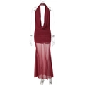 Set bordeaux con scollo a V profondo e gonna lunga a strati in tulle e chiffon - S / Rosso