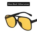 Retro oversized double bridge pilot sunglasses with bright black frame and yellow lenses - Glossy Black Frame Yellow Lens