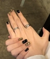 Minimalist black press-on nails with gold glitter accents and silver band rings - Glue Type (GN037)
