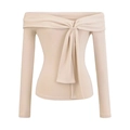 Off-shoulder long sleeve beige ribbed knit top with stylish front knot detail - S / Milk Tea
