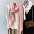 Light pink pleated cotton linen scarf with frayed edges draped over white shirt and skirt - Light Pink