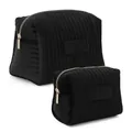 Black quilted makeup bag 2-piece set with gold zippers and fine striped texture - Black Velvet Small