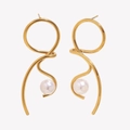 18K gold plated knotted metal earrings with white pearls on a minimalist white background - Knot Line Imitation Pearl Stud Earrings - Gold