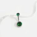 Détail d'un piercing de nombril en titane G23 avec deux zircons vert foncé sur fond blanc - 1.6*10*5*8 / Argent Titane + Zircon Vert
