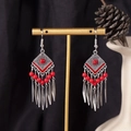 Bohemian silver drop earrings with vibrant red fringe tassels and geometric square patterns - S4296-1 Red Rhombus Seed Bead Tassel Earrings
