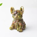 French Bulldog figurine with green natural crystal stones and gold foil resin detail - Unakite