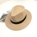 Classic light beige straw panama hat with black ribbon detail on white background - M (56-58cm) / Khaki
