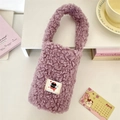 Soft purple teddy fleece drink carrier bag featuring a cute black cartoon cat patch - Light Purple