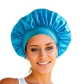 Vibrant blue satin bonnet for hair care, large silk-like sleep cap shown on model - Dark Blue