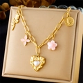 Gold stainless steel bracelet with rose, clover, pink flower and pearl heart charms - Rose Pearl 1902 Coin Style (N3228)