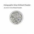 Macro detail of laser silver nail glitter mix in a clear jar on white background - Laser Silver