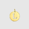 Ciondolo tondo dorato in acciaio 316L con trama martellata e sagoma della lettera L traforata - Oro 14K - L