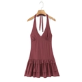 Deep red halter neck summer dress with sexy backless design and layered ruffle hem - S / Rouge Red