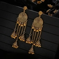 Elegant gold bohemian long tassel earrings with ornate spiral disks and mini bells - Gold Bohemian Spiral Tassel (175)