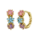 Gold-plated 925 sterling silver hoop earrings with three colorful star-cut gemstones - Gold Tri-Color Star Textured Hoops / Gold Star