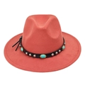 Detail of coral red felt hat featuring turquoise stones and silver studs on black band - Brick Red