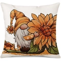 Linen sunflower cushion cover featuring a cute hand-drawn cartoon gnome print - 45x45cm Pillow Cover / Hugging Sunflower Gnome-1 (3ym372-1)