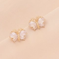 Fashionable golden butterfly stud earrings with sparkling clear cubic zirconia stones - White