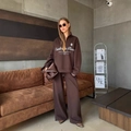 Women's dark brown half-zip sweatshirt and wide-leg jogger pants two-piece set - S / Brown