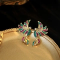 Golden hummingbird stud earrings with turquoise and pink rhinestones on a gold base - AER336-B Gold Bird