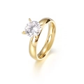 Classic gold stainless steel solitaire ring with clear zircon stone shown at a 45-degree angle - US 6 / Gold Female Ring with Stone (KR43438-K)
