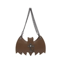 Gothic bat-shaped shoulder bag in dark brown leather with silver cross and metal chains - Cross Charm / Brown