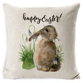 Easter throw pillow cover with brown rabbit, snowdrops, and Happy Easter text on beige linen - Zl2002064-8 / 45*45cm Cover Only