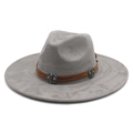 Detail of grey suede fedora hat with turquoise studded leather band and flat wide brim - M (56-59cm) / Gray