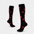 Knee-high compression sports socks in black featuring an all-over red lips print pattern - S/M / Black Red Lips