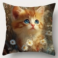 Modern linen pillowcase featuring a cute orange cat and white daisies in a warm garden - Style 8 / 45*45cm (No Core)