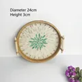 Handwoven round rattan tray with green shell inlay and wooden handles, 24cm diameter - Green Leaf / Medium 24x3cm