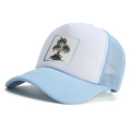 Light blue mesh trucker hat with tropical coconut tree print for outdoor sun protection - L(58-60cm) / Blue & White
