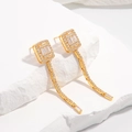 Macro detail of gold tassel earrings with rectangular studs and zircon drop on white stone - Rectangular Geometric Tassel Style / Style A: Gold 1 Pair