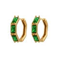 Minimalist hexagonal gold earrings with bamboo joint texture and green zircon stones - Green Zircon