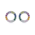 Elegant S925 silver hoop earrings featuring a vibrant rainbow of pavé zircon stones - Silver Colorful Rainbow Circle