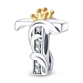 Silver letter T charm bead with cubic zirconia and a gold crown for DIY jewelry - Letter T