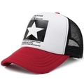Red and white mesh trucker hat with five-point star and lyric print on the front - Adjustable / Red White