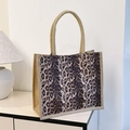 Chic jute tote bag with leopard print front and natural burlap round handles - Brown Leopard