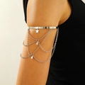 Silver multi-layer chain armlet featuring small star pendants and a polished metal ring - Pentagram Tassel Style (3852)