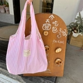 Rosa-weiß gestreifte Canvas-Einkaufstasche mit 'my wonderful life' Label für Damen - Vertikal Rosa